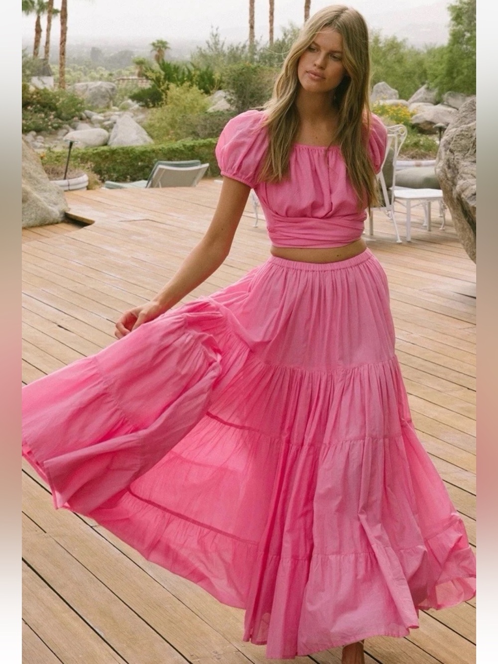 Spell Azalea Pink Tiered Maxi Skirt and Crop Top Set XS - Picture 2 of 14